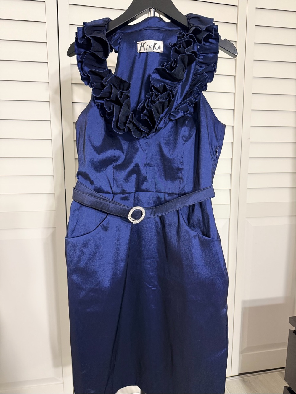 Mieka Satin Ruffle V-Neck Midi Dress in Royal Blue - Picture 5 of 5